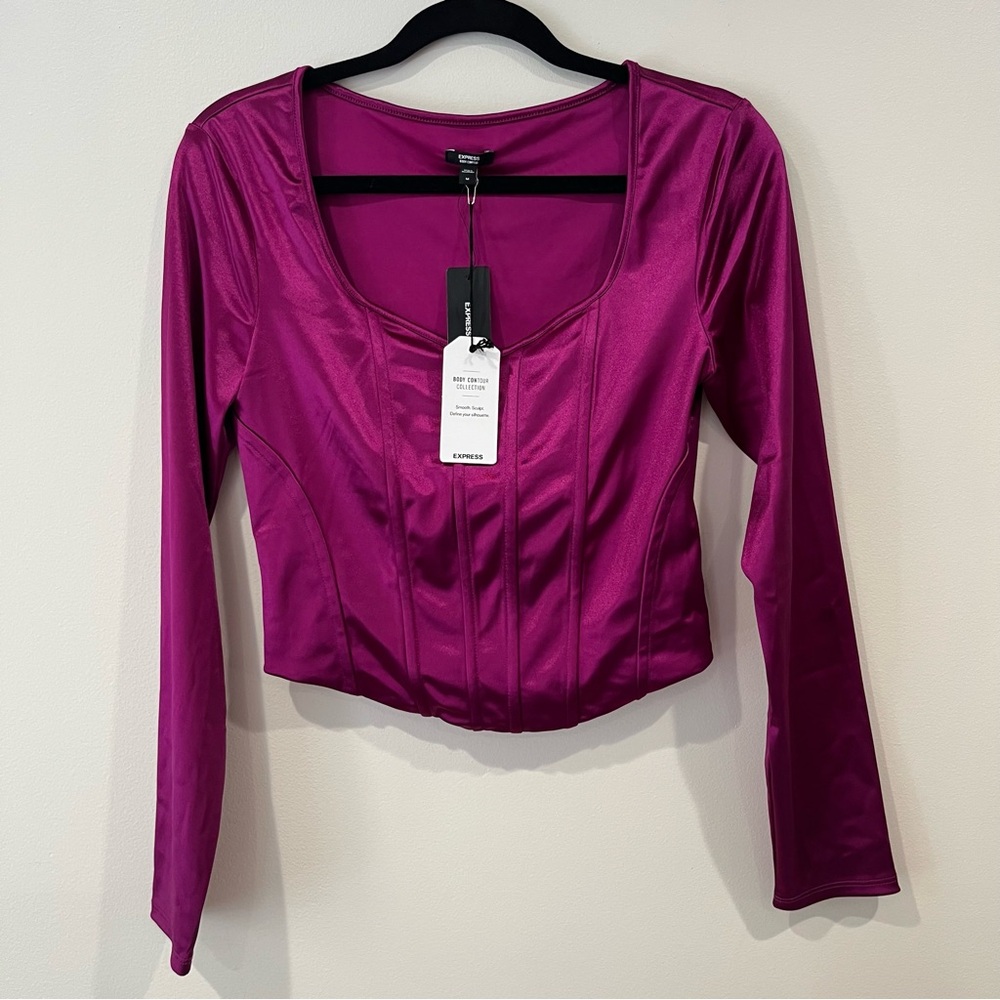 Express Body Contour Long sleeve satin top Fuchsia size M NWT
